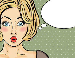 Image showing Surprised pop art  woman  . Comic woman with speech bubble. Pin 