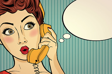 Image showing Surprised pop art woman chatting on retro phone . Comic woman wi