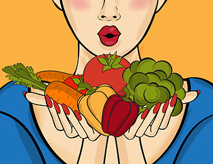 Image showing Surprised pop art  woman that holds vegetables  in her hands . C