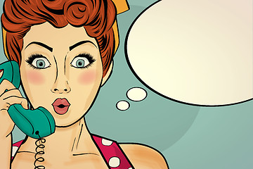 Image showing Surprised pop art woman chatting on retro phone . Comic woman wi