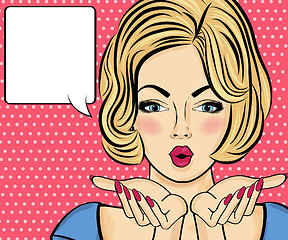 Image showing Surprised pop art woman . Comic woman with speech bubble. Pin up