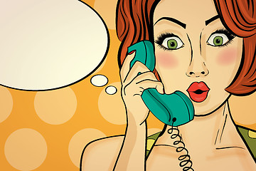 Image showing Surprised pop art woman chatting on retro phone . Comic woman wi