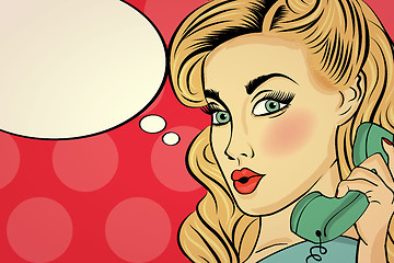 Image showing Surprised pop art woman chatting on retro phone . Comic woman wi