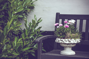 Image showing Elegant flowerpot on a bench