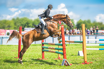 Image showing young, female jockey on her horse leaping over a hurdle.