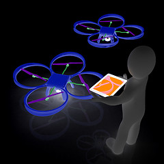 Image showing 3d white people. Man flying a white drone with camera. 3D render