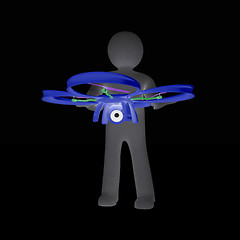 Image showing 3d man with drone, quadrocopter, with photo camera. 3d render. 3