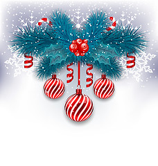 Image showing Christmas background with fir branches, glass balls and sweet ca