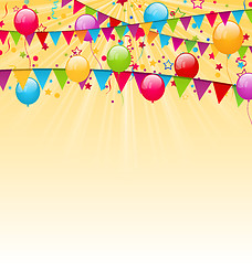 Image showing Holiday background with colorful balloons, hanging flags and con