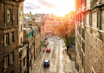 Image showing Street view of Edinburgh in sunset