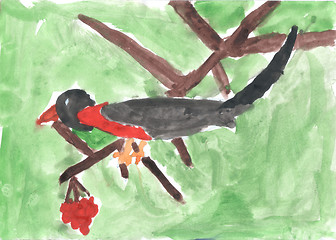Image showing A child drawing of bird sitting on branch of Rowan