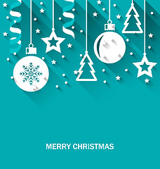 Image showing Christmas Card with Fir, Balls, Stars, Streamer