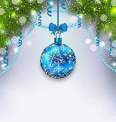 Image showing Christmas glass ball, fir branches, streamer, copy space for you