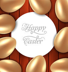 Image showing Congratulation card with Easter golden glossy eggs on wooden bac
