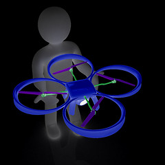 Image showing 3d man with drone, quadrocopter, with photo camera. 3d render. 3