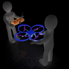 Image showing 3d man with drone, quadrocopter, with photo camera. 3d render. 3