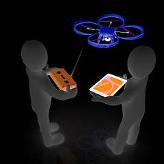 Image showing 3d white people. Man flying a white drone with camera. 3D render