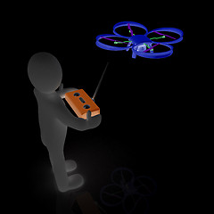 Image showing 3d man with drone, quadrocopter, with photo camera. 3d render. 3