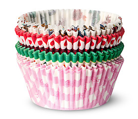 Image showing Stack of multicolored paper cups for baking muffins