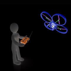 Image showing 3d man with drone, quadrocopter, with photo camera. 3d render. 3