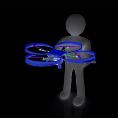 Image showing 3d man with drone, quadrocopter, with photo camera. 3d render. 3