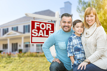 Image showing Mixed Race Family Portrait In Front of House and For Sale Real E
