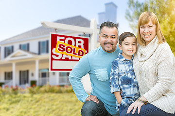 Image showing Mixed Race Family In Front of House and Sold For Sale Real Estat