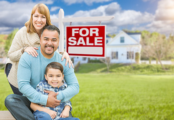 Image showing Mixed Race Family Portrait In Front of House and For Sale Real E