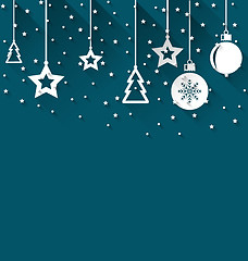 Image showing Illustration Xmas background with fir, balls, stars, trendy flat