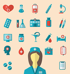 Image showing Set trendy flat icons of medical elements and nurse