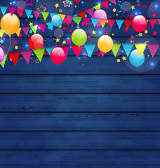 Image showing Wooden holiday background with multicolored  balloons and hangin