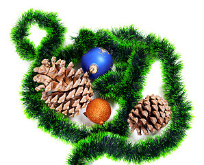 Image showing Green Christmas tinsel, Christmas-tree balls and big pine cones