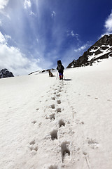 Image showing Dog and hikers in snow mountain at sun day