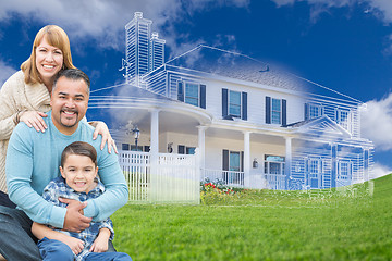 Image showing Young Mixed Race Family and Ghosted House Drawing on Grass