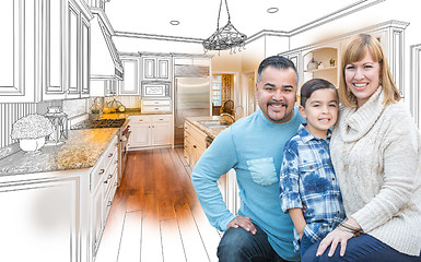 Image showing Young Mixed Race Family Over Kitchen Drawing with Photo Combinat