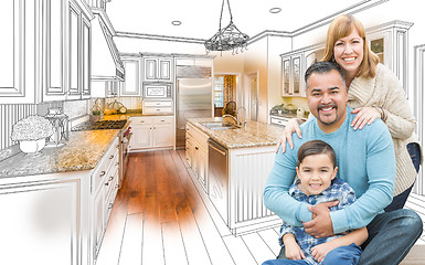 Image showing Young Mixed Race Family Over Kitchen Drawing with Photo Combinat