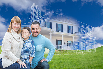 Image showing Young Mixed Race Family and Ghosted House Drawing on Grass