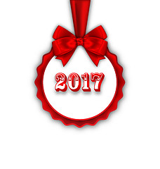 Image showing Happy New Year 2017 Card with Red Silk Ribbon and Bow