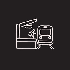 Image showing Man runs along train station platform sketch icon.