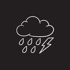 Image showing Cloud with rain and lightning bolt sketch icon.