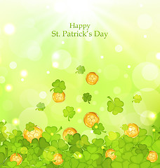 Image showing Light background with clovers and coins for St. Patrick\'s Day