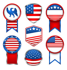 Image showing Illustration Set of Various Graphics and Labels, Emblems in Traditional American Colors