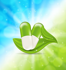 Image showing Natural Medical Pills with Green Leaves