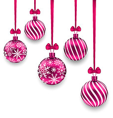 Image showing Christmas Pink Glassy Balls with Bow Ribbon