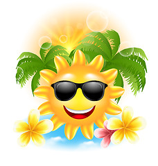 Image showing Summer Funny Background with Happy Smiling Sun, Palms, Flowers Frangipani