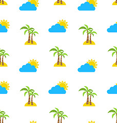Image showing Abstract Seamless Pattern with Tropical Palm Trees, Sun and Clou