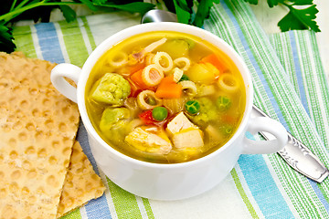 Image showing Soup Minestrone in bowl on towel