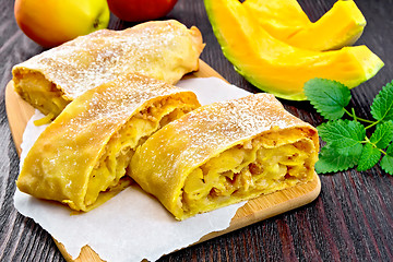 Image showing Strudel pumpkin and apple on board