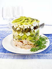 Image showing Salad of chicken and kiwi on blue tablecloth
