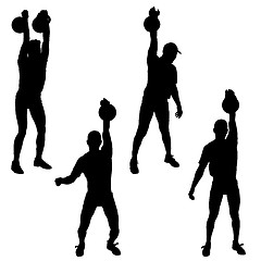 Image showing Set silhouette muscular man holding kettle bell.  illustration.